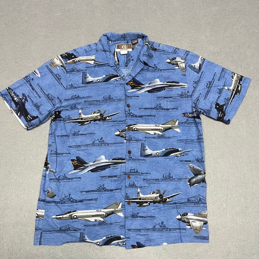 Kalaheo Hawaiian Shirt Mens Medium Blue Aloha Military War Planes Airshow USA